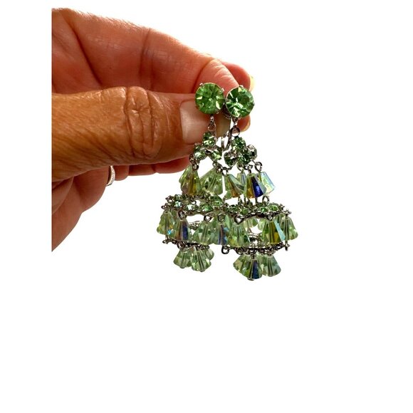 Vintage Hattie Carnegie Earrings Signed Green Aurora Borealis Chandelier ClipOn - Picture 1 of 10